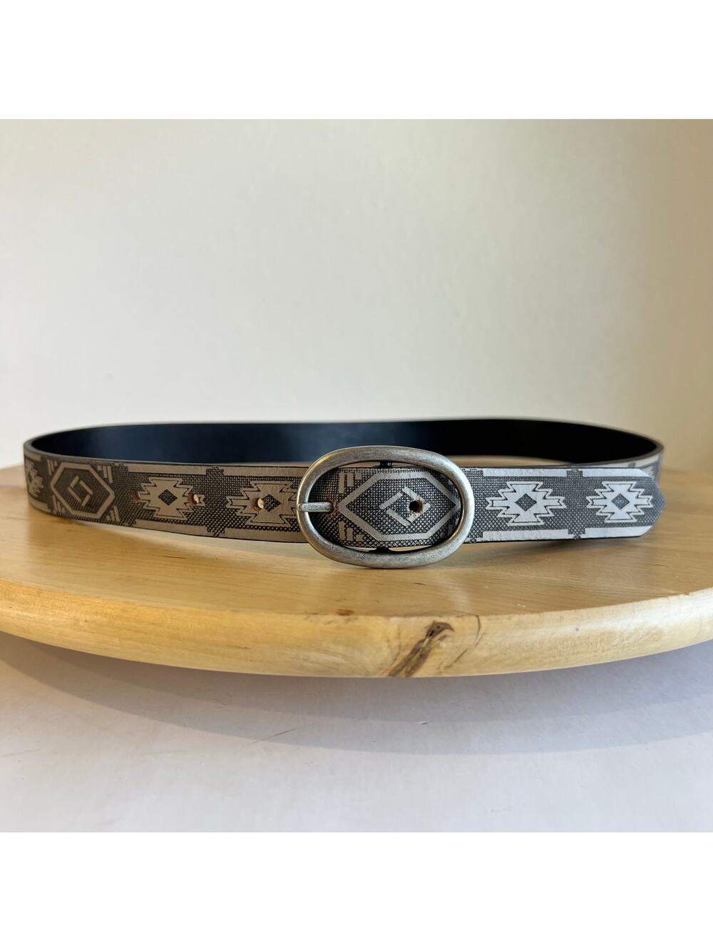 Vegan Leather Black Southwestern Print Silver Buckle Belt Size Small
